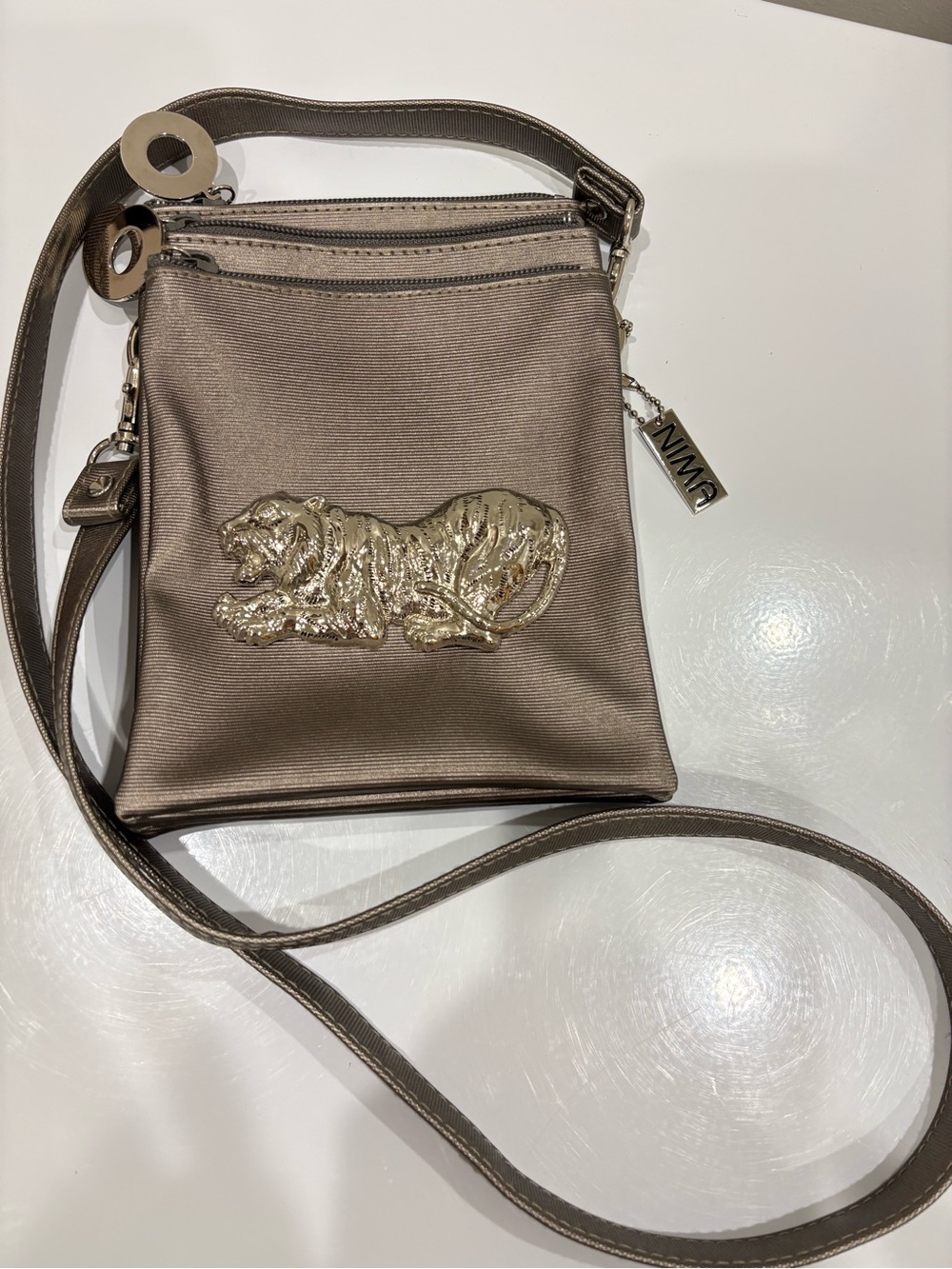 NIMA Vintage 1990s Pewter Metallic Crossbody Bag with Silver Metal Tiger Accent